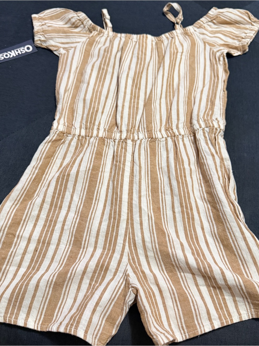 OshKosh B'gosh Tan and White Striped Off the Shoulder Romper Size 6/6x